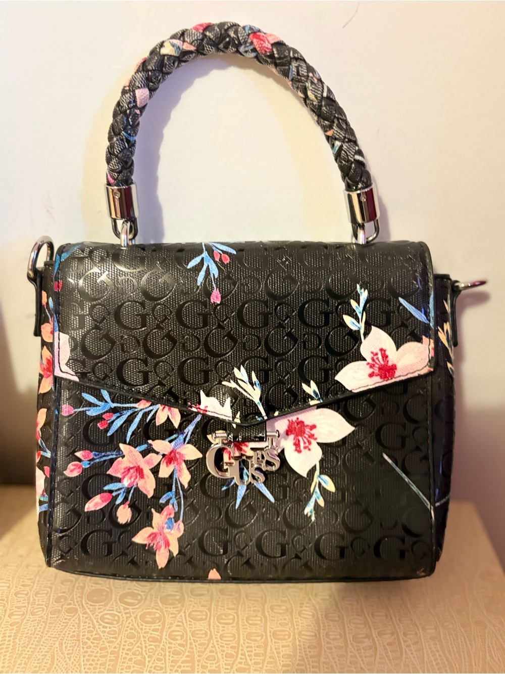 Guess Black Floral Logo Top-Handle Satchel
